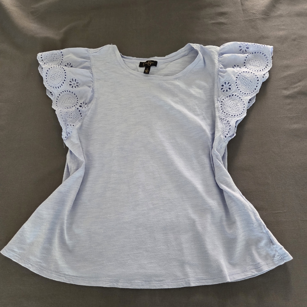 Light Blue Eyelet Flutter Sleeve Top - Women